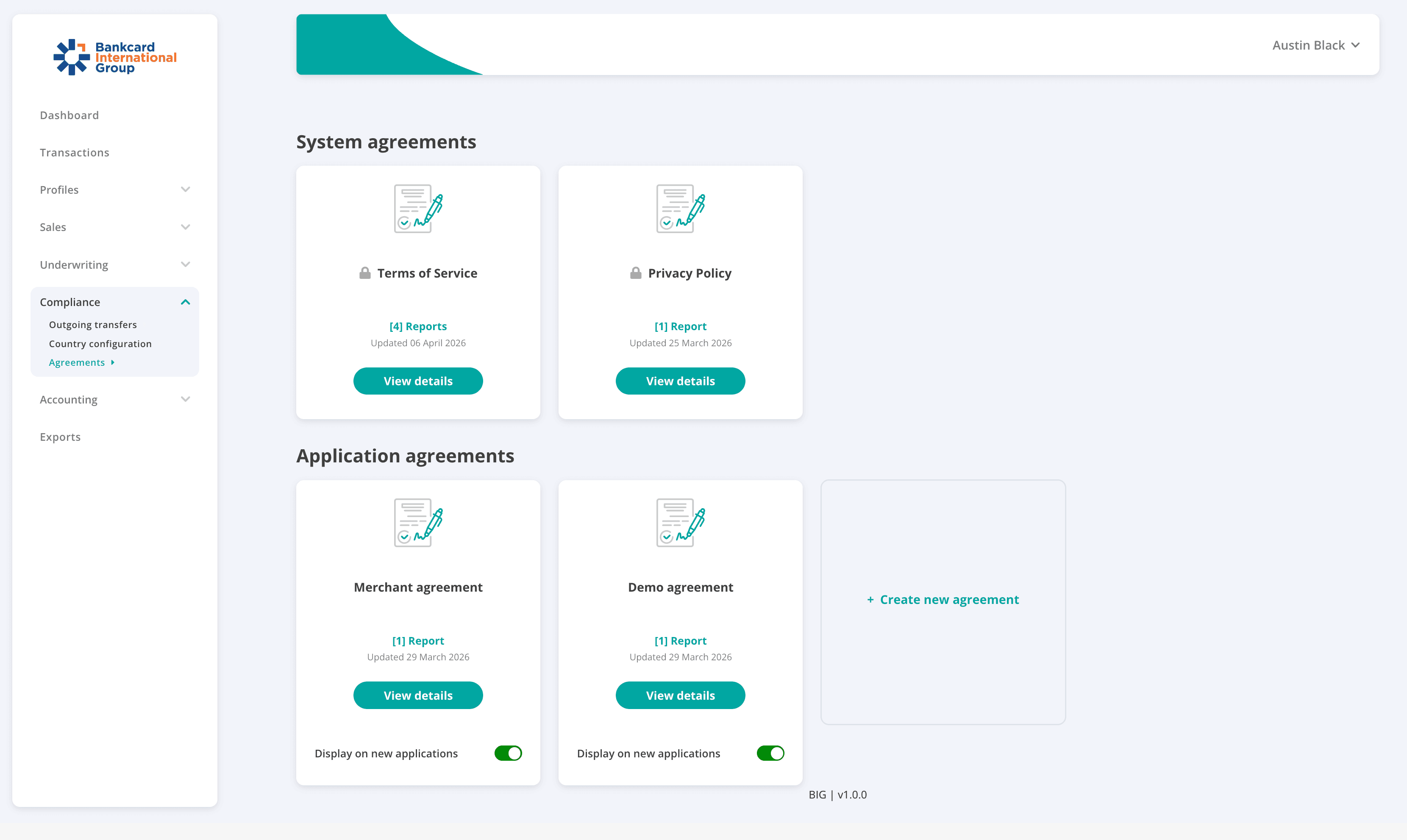 BIG compliance and agreements screen