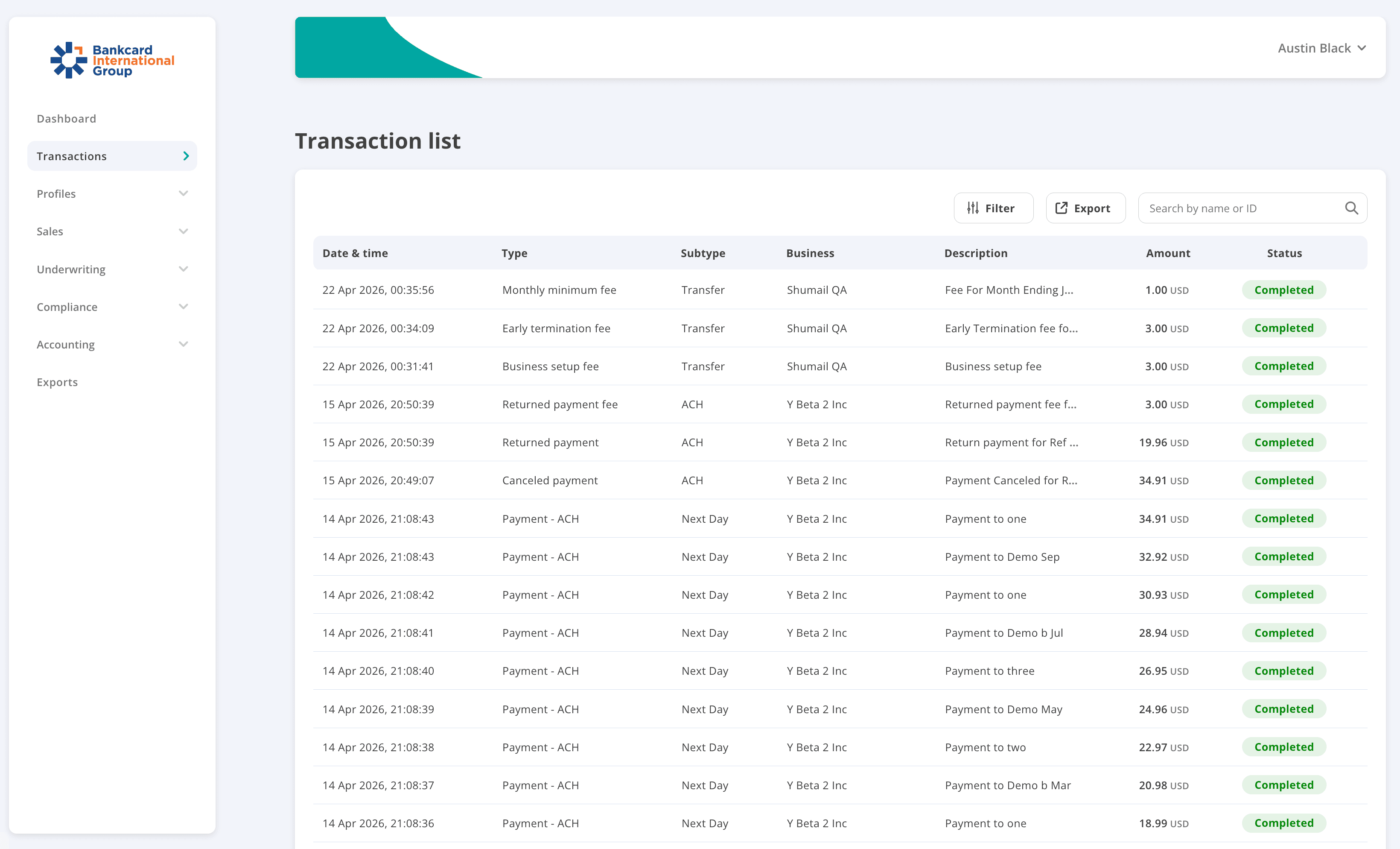 BIG gateway transactions dashboard