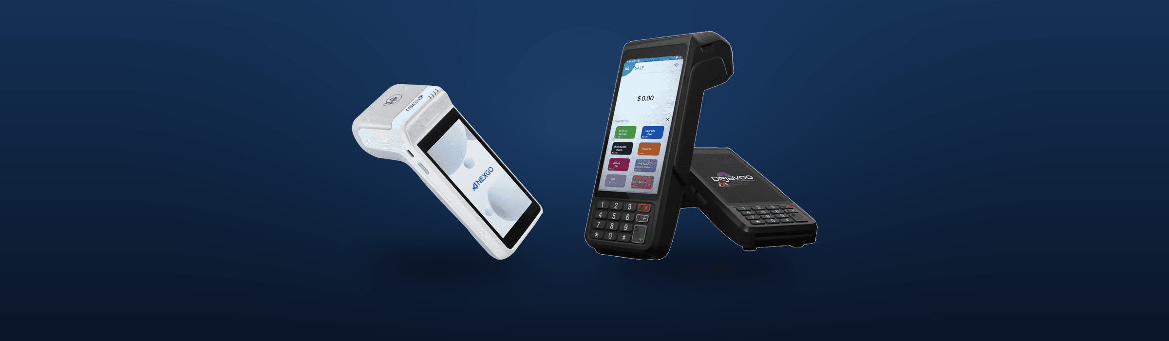 A NEXGO N82 and two Dejavoo P3 handheld terminals, each with a built-in receipt printer