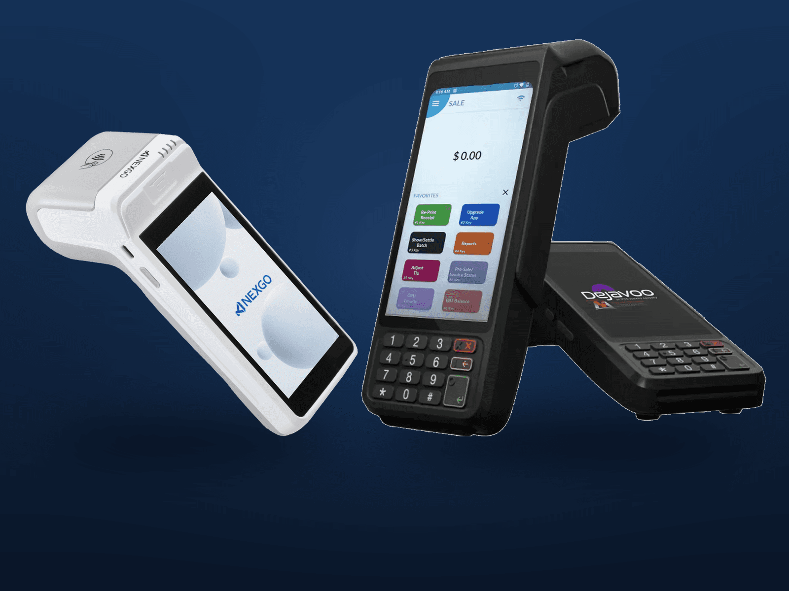 A NEXGO N82 and two Dejavoo P3 handheld terminals, each with a built-in receipt printer