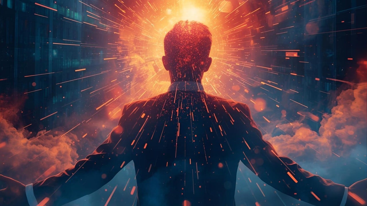 A silhouetted figure standing in a burst of light and energy
