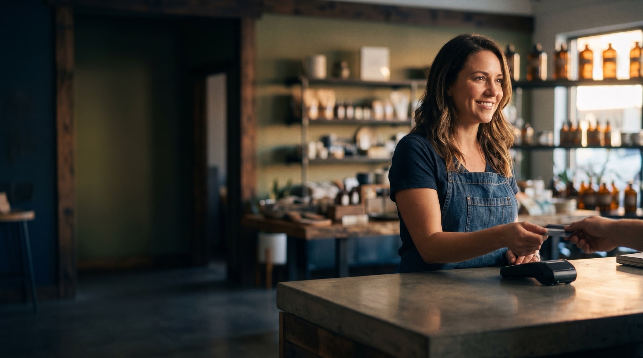 A shop owner taking a card payment at the counter