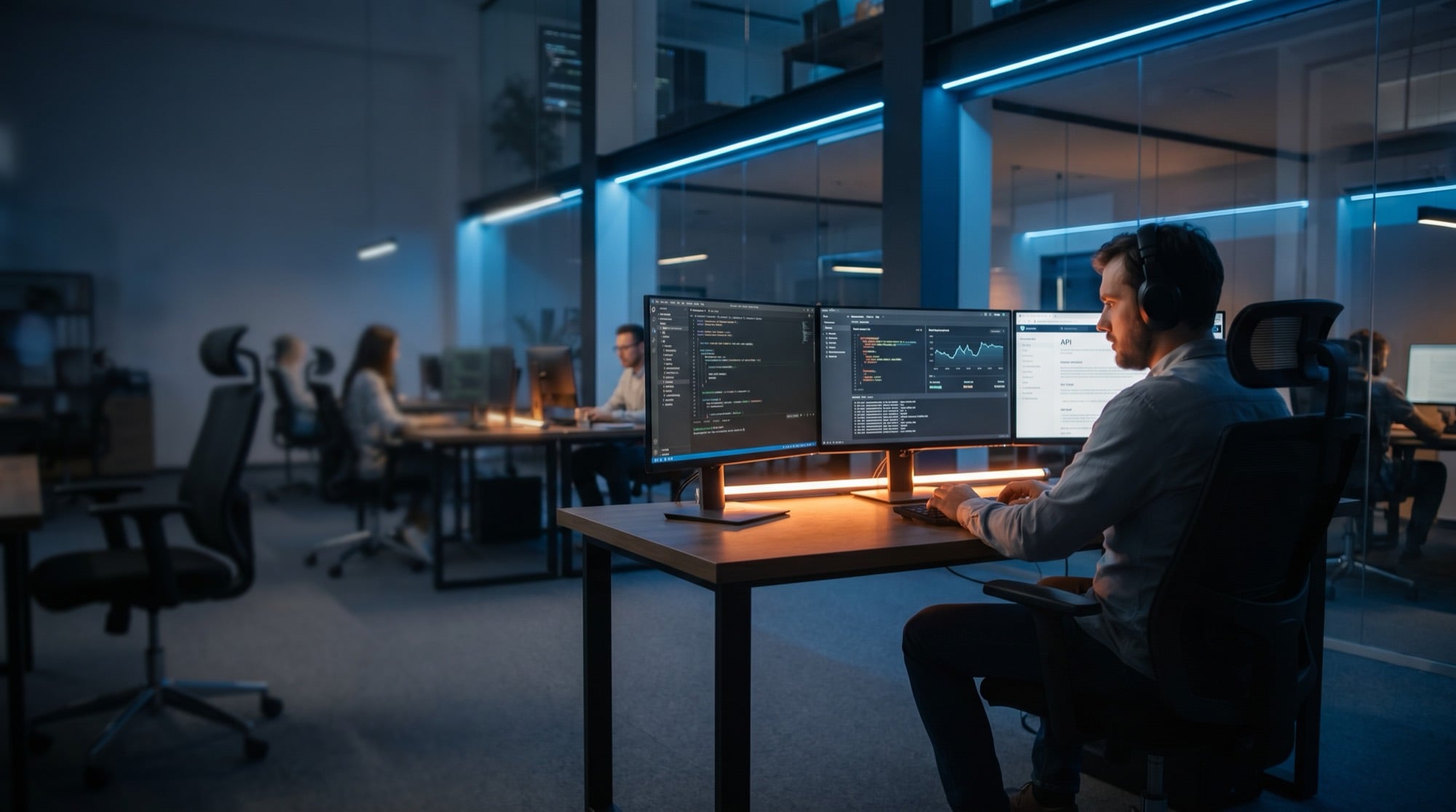 An engineer working on payment platform code across two monitors