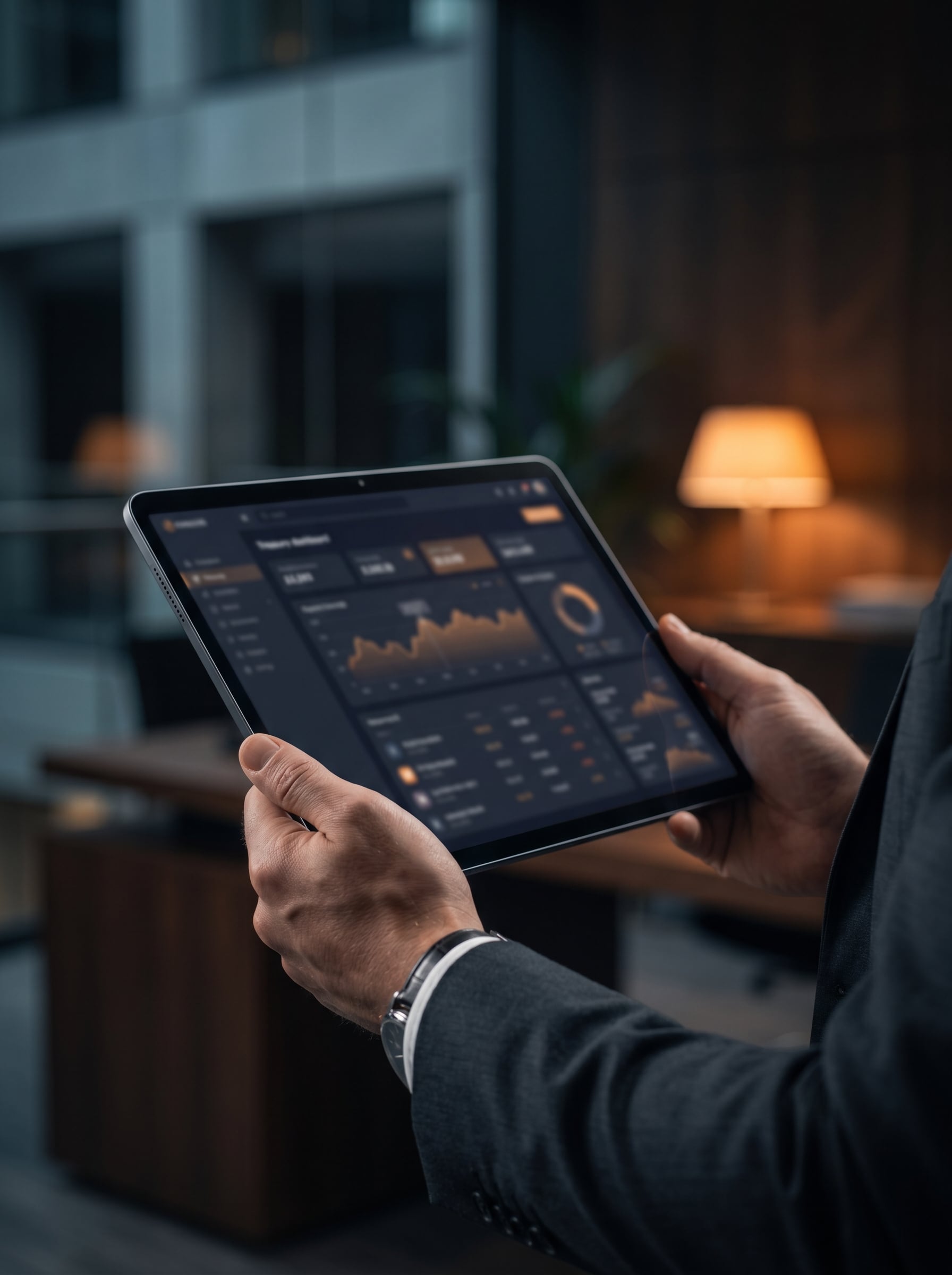 A banker reviewing a treasury dashboard on a tablet