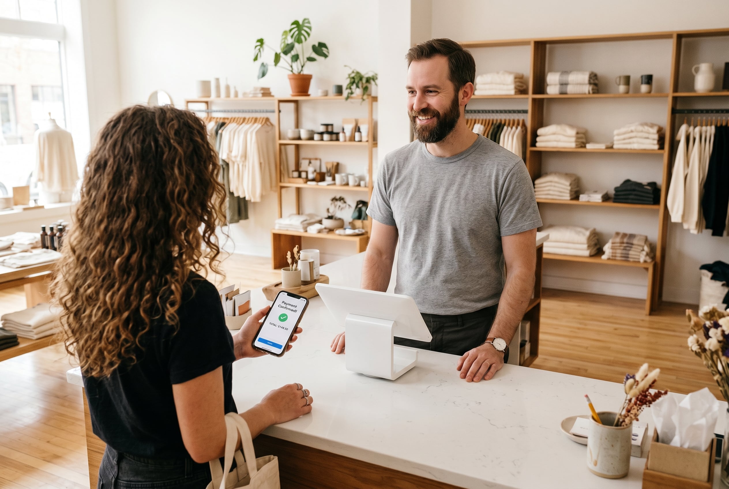 A customer paying at a countertop point-of-sale terminal